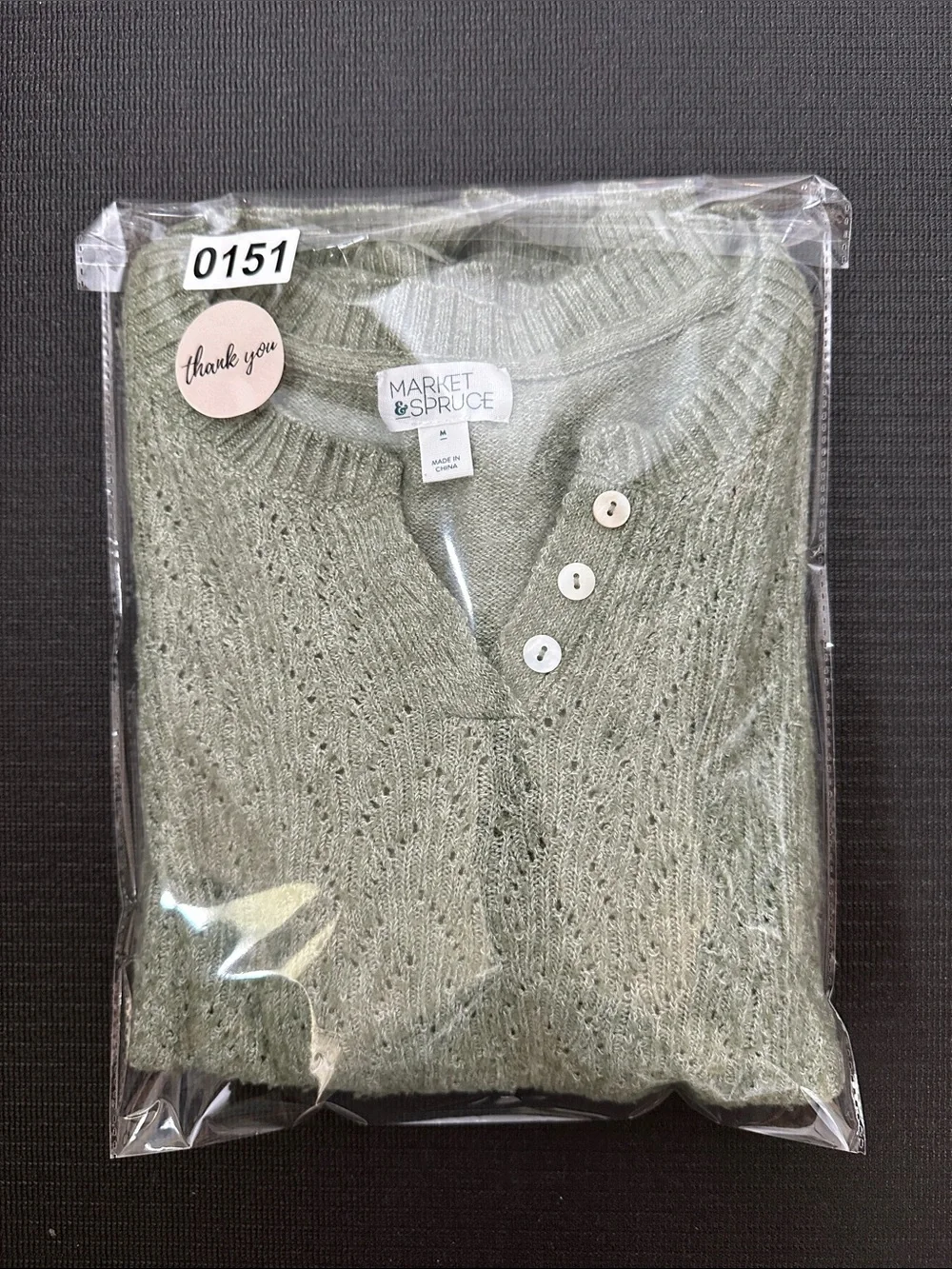 Market & Spruce Henley Sweater Pointelle Knit Size M Sage Green Preppy Fall Cozy